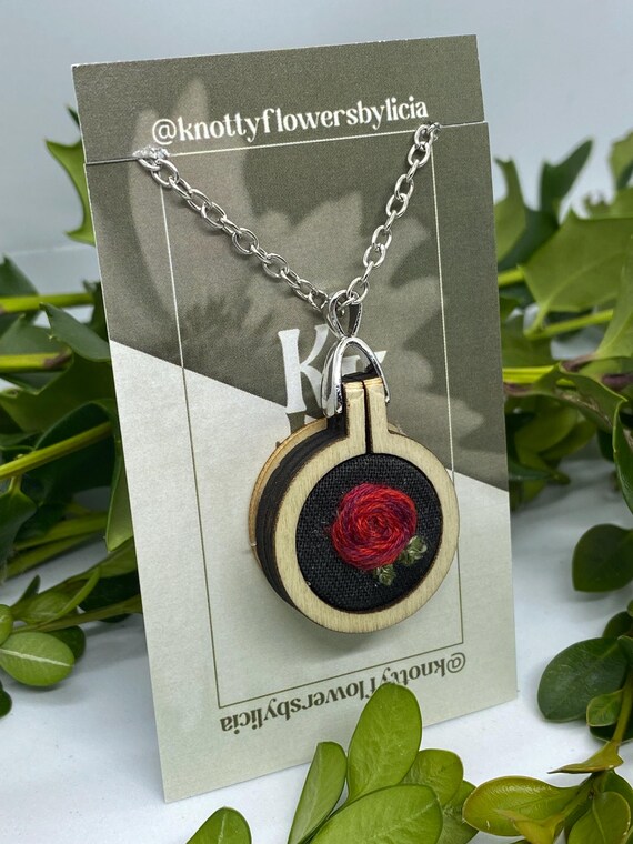 Hand stitched embroidered red rose pendant necklace, one o
