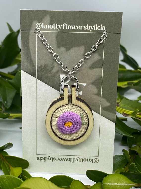 Hand stitched embroidered purple peony pendant necklace, o