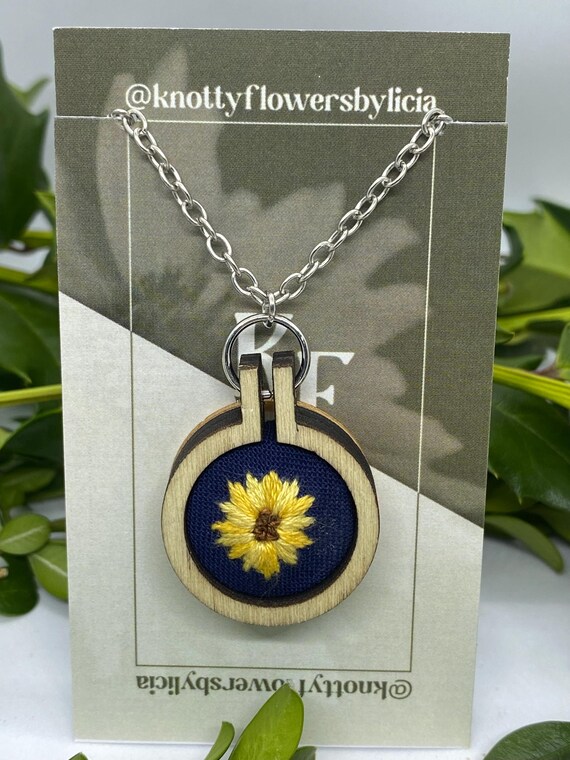Hand Stitched Sunflower Pendant Necklace