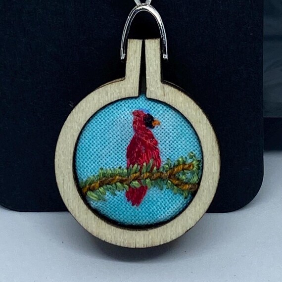 Hand stitched embroidered mini red cardinal bird pendant n
