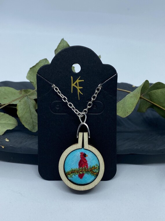Hand stitched embroidered mini red cardinal bird pendant n