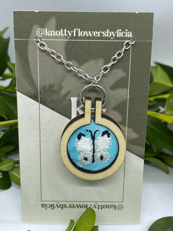 Embroidered Butterfly Pendant Necklace