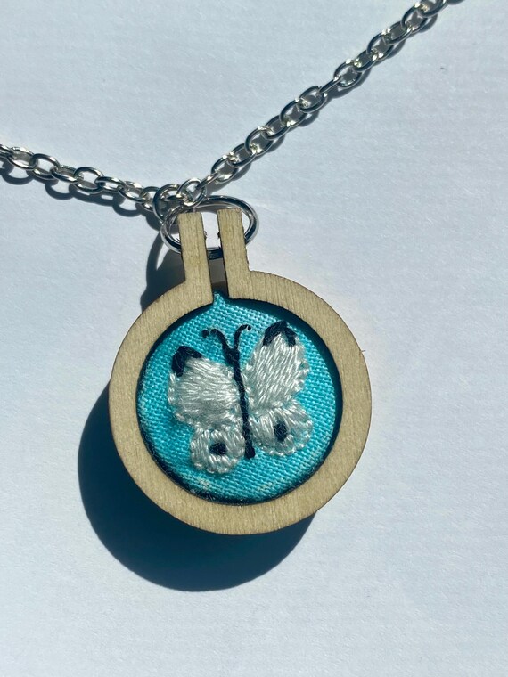Embroidered Butterfly Pendant Necklace