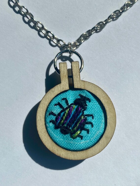 Hand Stitched Beetle Pendant Necklace