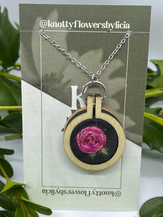 Hand stitched embroidered pink woven rose pendant necklace