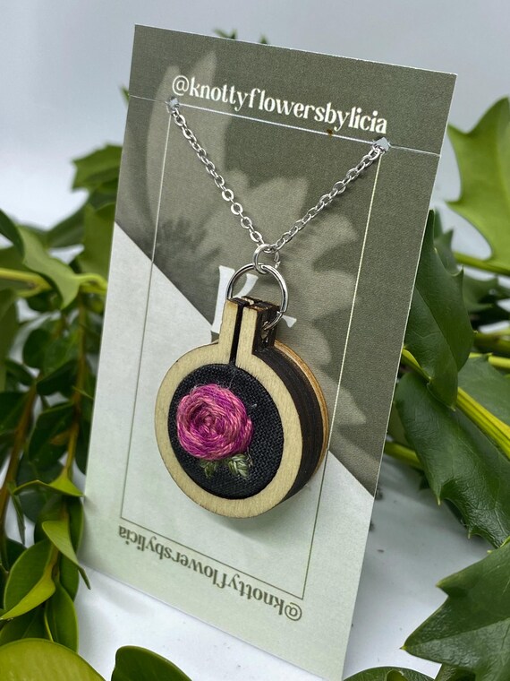 Hand stitched embroidered pink woven rose pendant necklace