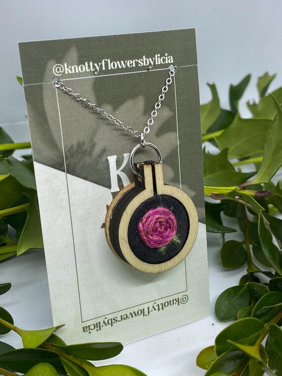 Hand stitched embroidered pink woven rose pendant necklace